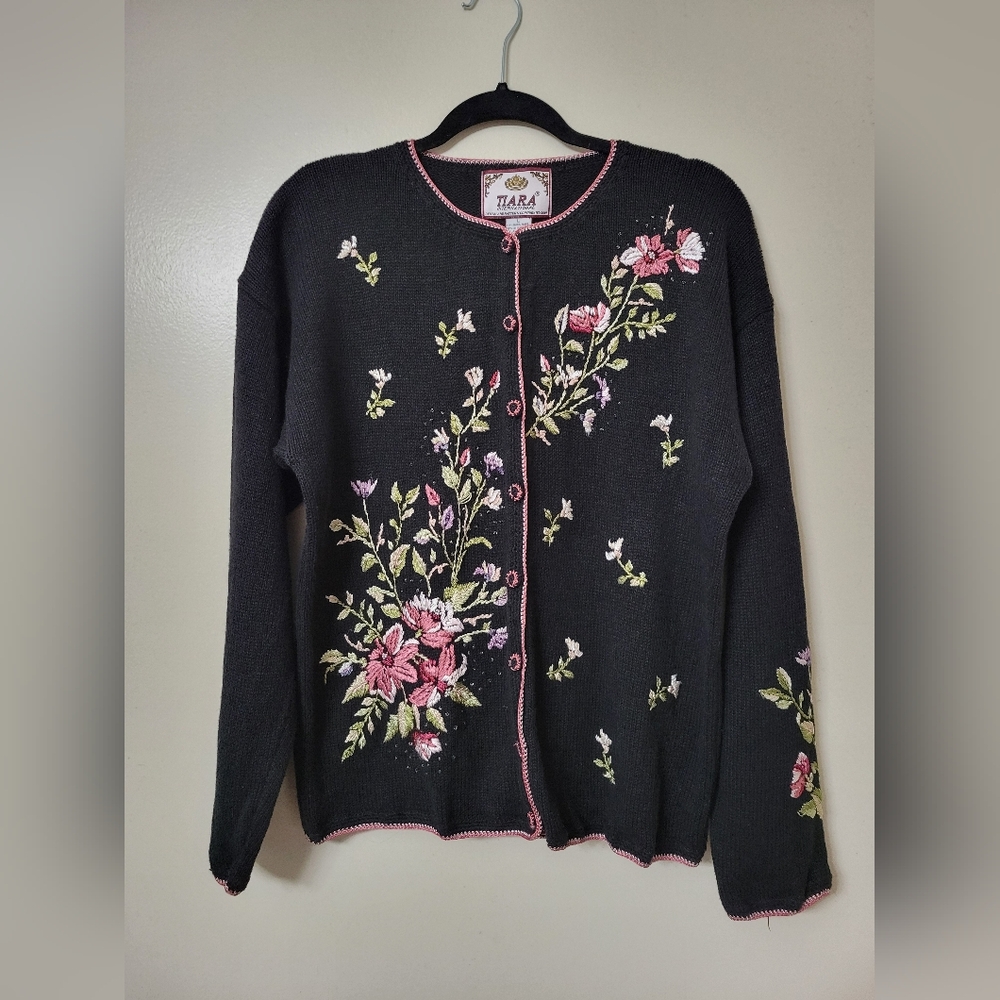 Cottagecore Tiara International Black Knit Embroidered Floral Cardigan